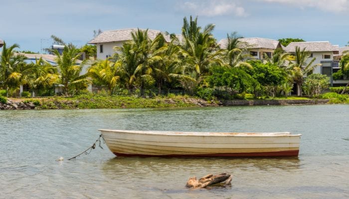 A stunning view of Tamarin Beach in Mauritius, with golden sands, clear blue waters, and a backdrop of lush greenery